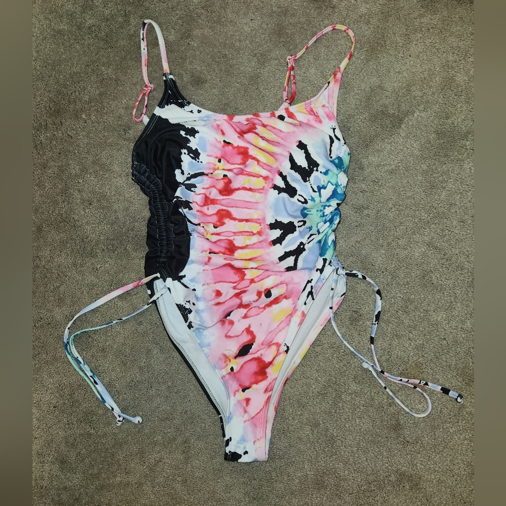 Colorful Tie-Dye Swimsuit With Adjustable Side String Ties For High Thigh Look